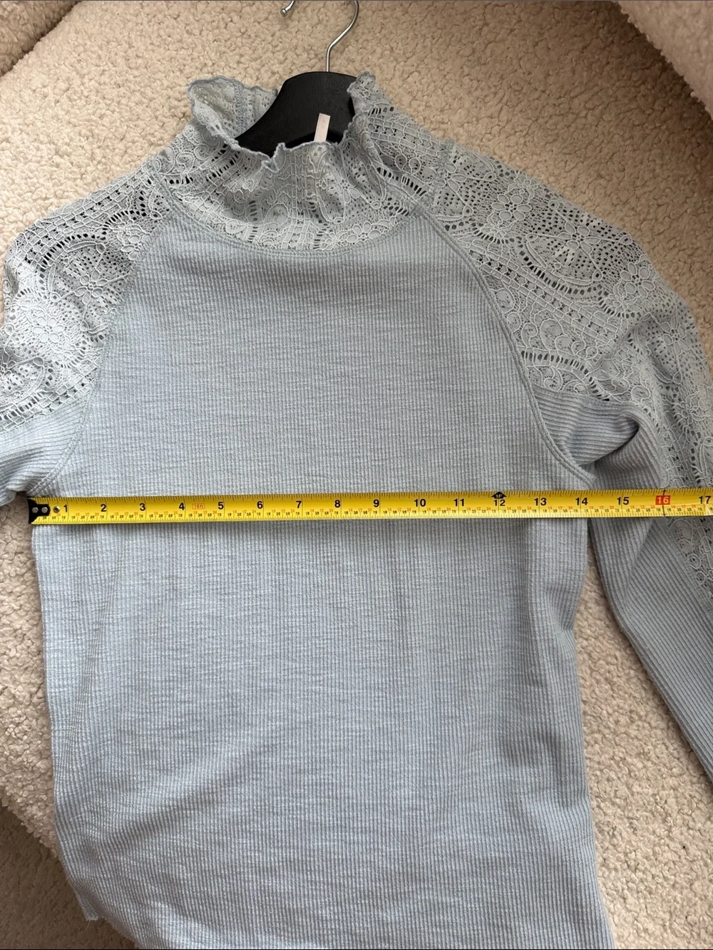 Free People Light Blue Lace-Trim Mock Neck Long Sleeve Top Size M